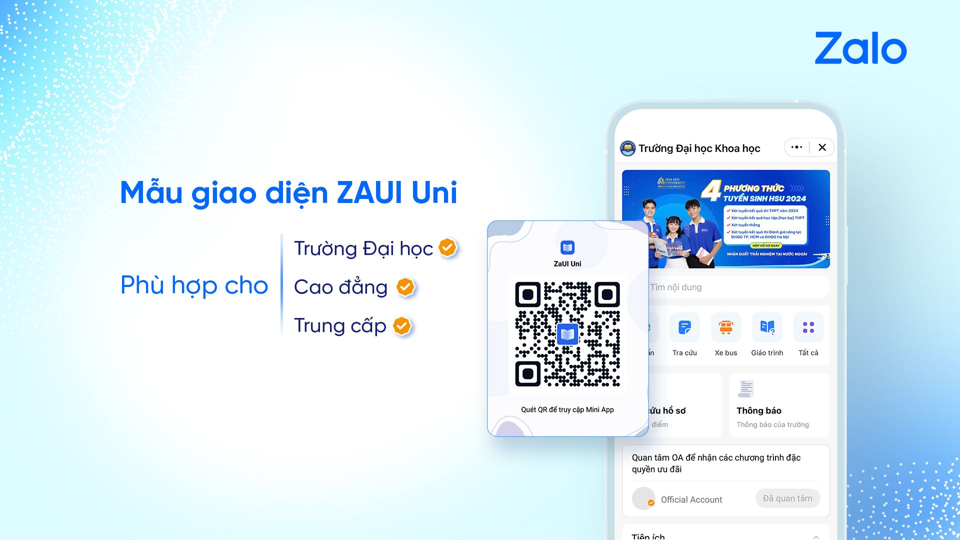 Các màn hình chính của mẫu giao diện ZaUI Uni