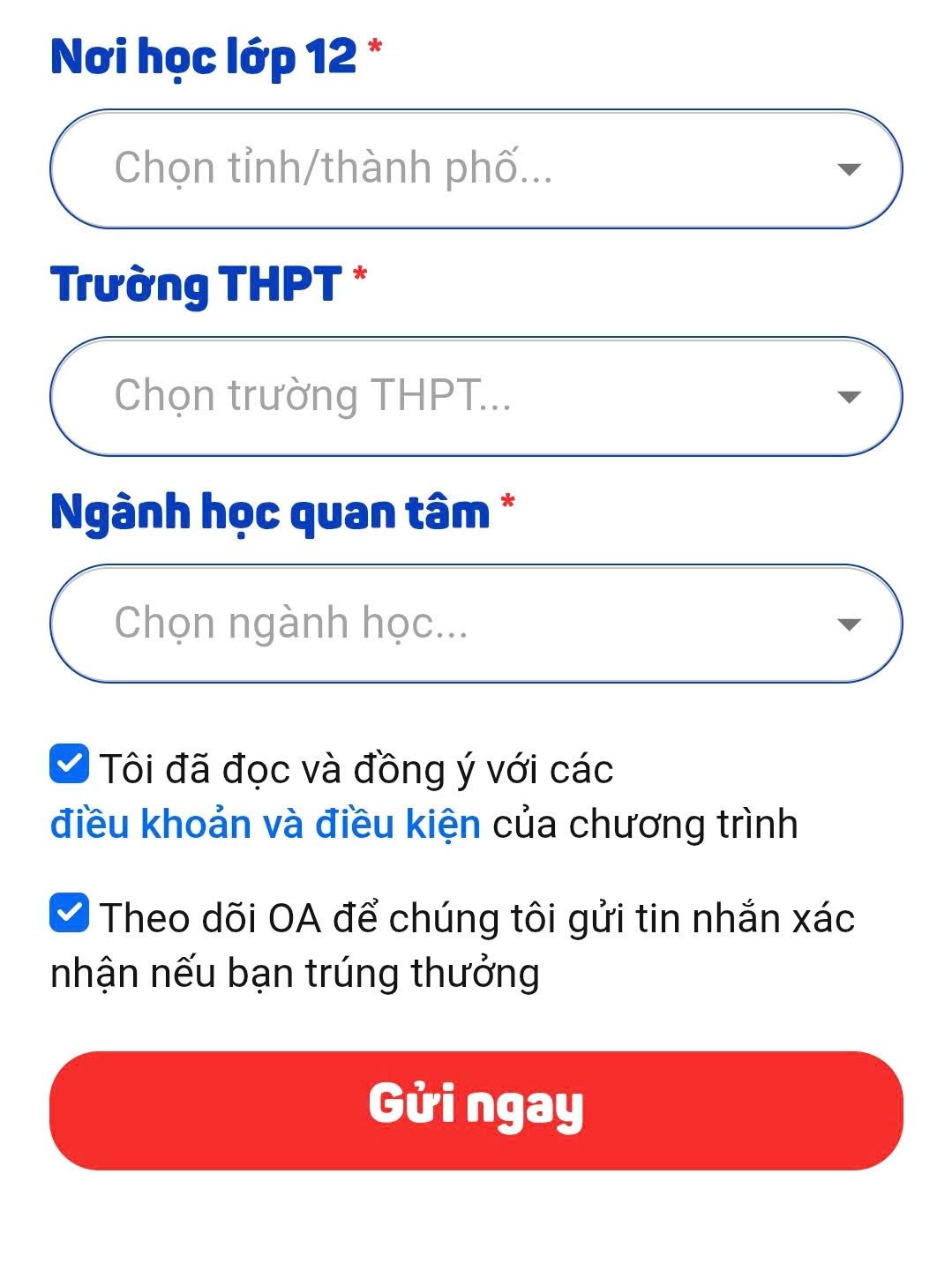 Form đăng ký tự động điền thông tin từ tài khoản Zalo